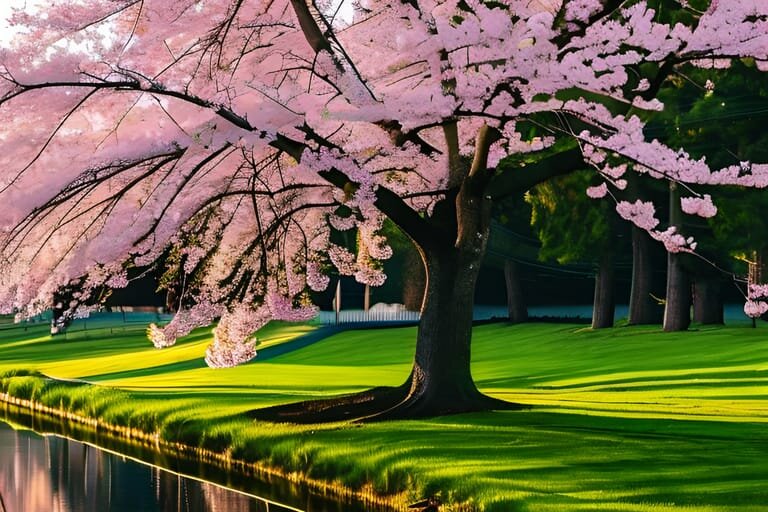 a beautiful cherry blossom tree over a body of water, a stock photo, contest winner, high resolution photo, 4k small IXLgJJJliH.jpeg