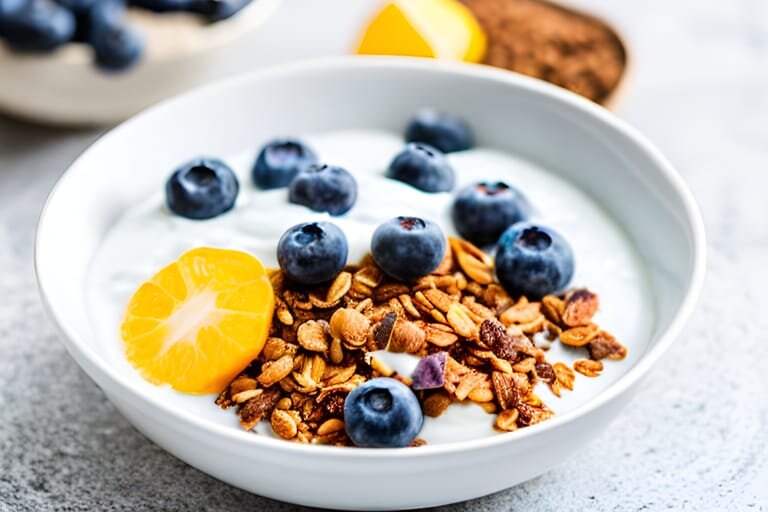 a bowl of granola with yogurt and blueberries, a stock photo, contest winner, high resolution photo, 4k small NGiJUqchsl.jpeg